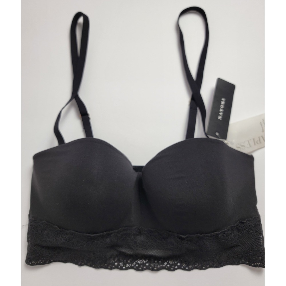 Natori Black Lace Trim Strapless Multi-Way Bra 30D Removable Straps Longline NWT